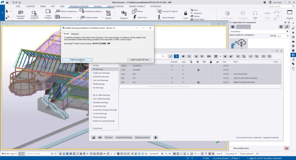 Tekla Structures Screenshot 10 - Publish Drawing Annotations to Trimble Connect